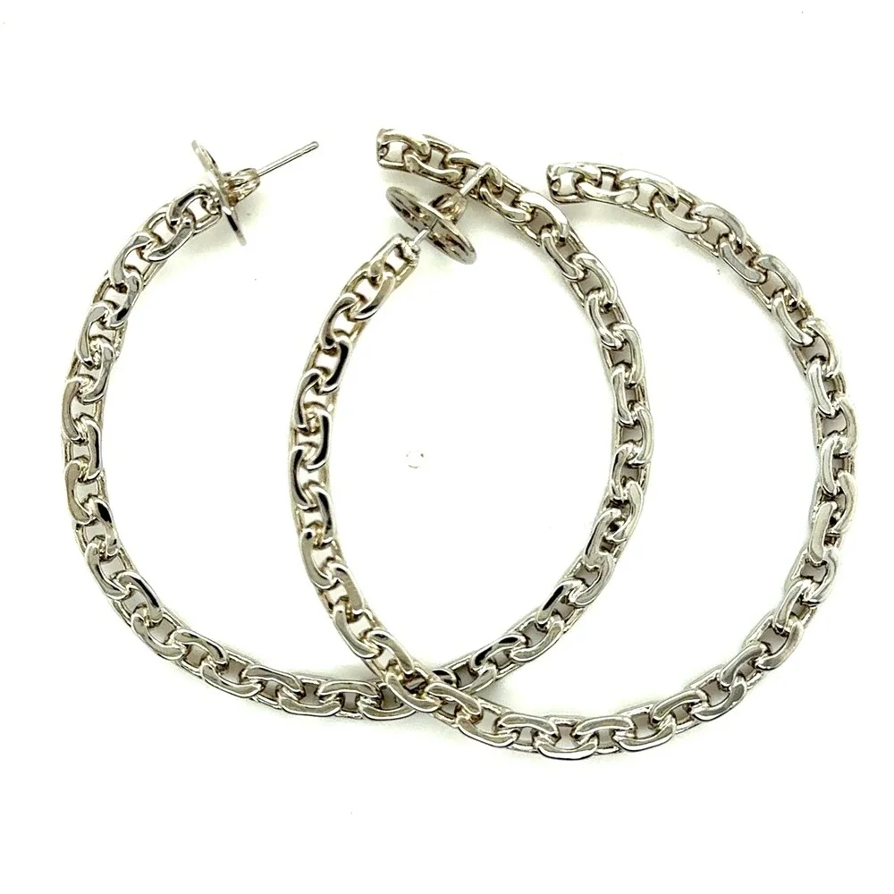 Tory Burch Silver Tone Chain Link Hoop Earrings Large Statement Post Backs